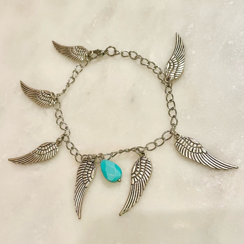 Vintage Silver Feather Turquoise Accent Bracelet
